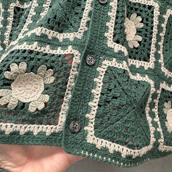 Abercrombie & Fitch Sweater Mens Medium Green Crochet Floral Knit Button Up - Picture 5 of 9